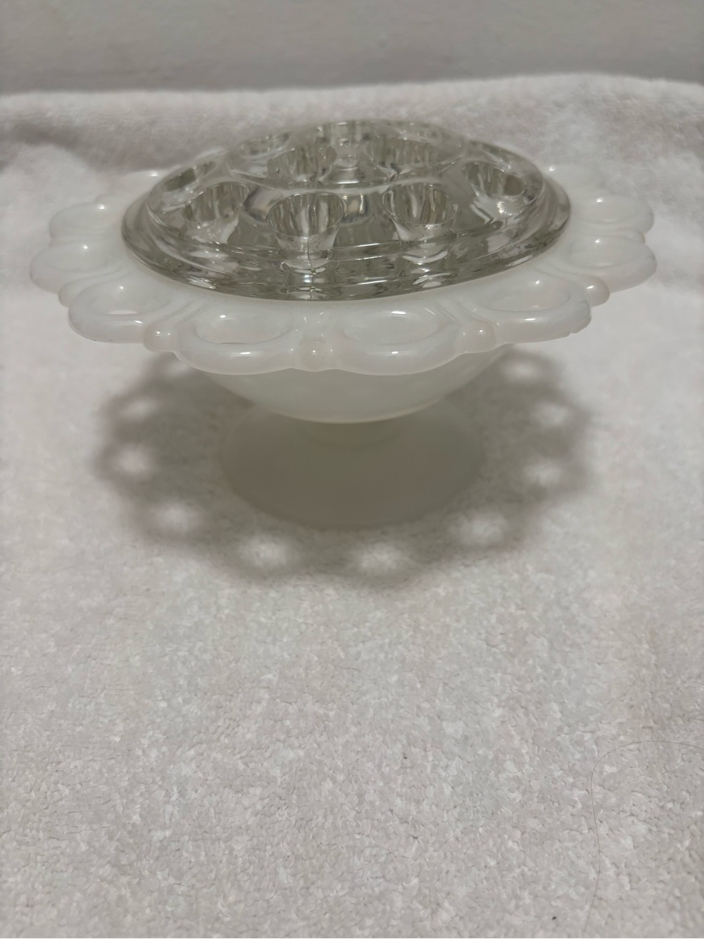 Vintage milk glass pedestal with flower frog